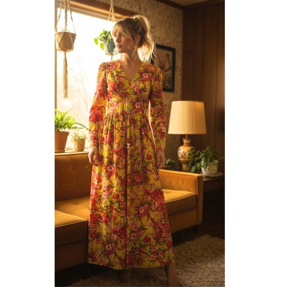 Vintage 1970's Barkcloth Handmade Long Sleeve Maxi Dress XS